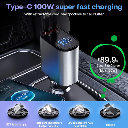 PlugSmart 4 in 1 Retractable Car Charger